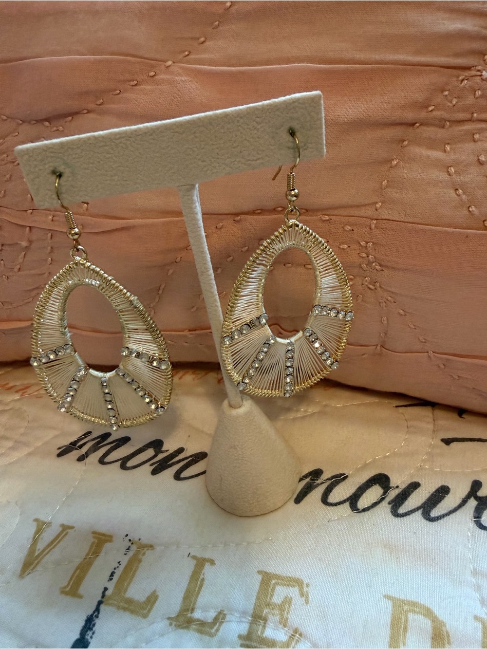 Gold Open Teardrop Dangle Earrings with Crystal Stripes